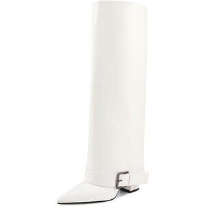Women's White Suede Wide Calf Pointed Toe Belt Buckle Knee High Fall Long Boot